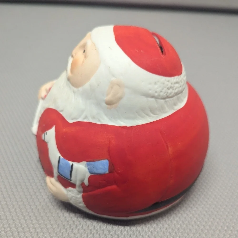 Vintage Ceramic Santa Claus Coin Bank Round Roly Poly Christmas Decor Red White